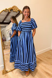 Autumn Agenda Striped Midi Dress Navy