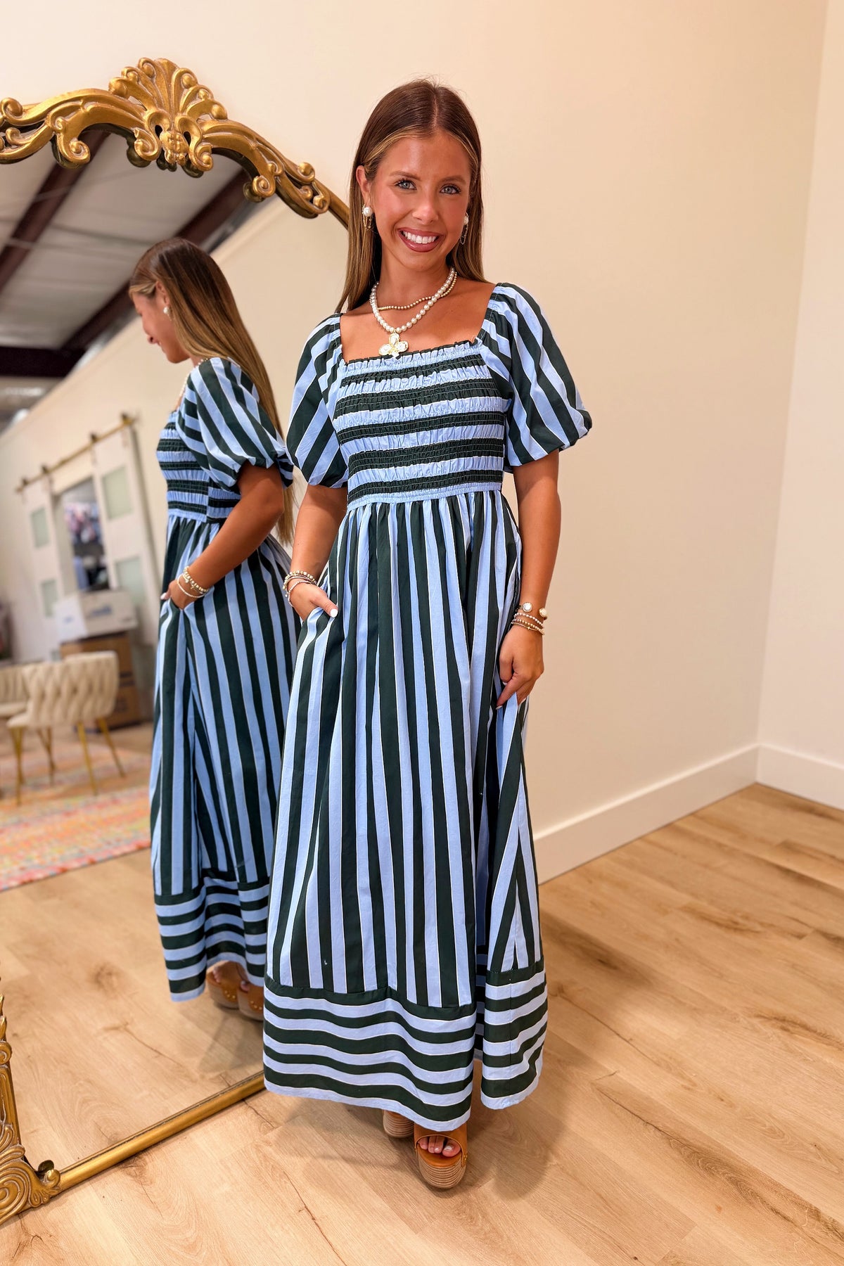 Autumn Agenda Striped Midi Dress Green