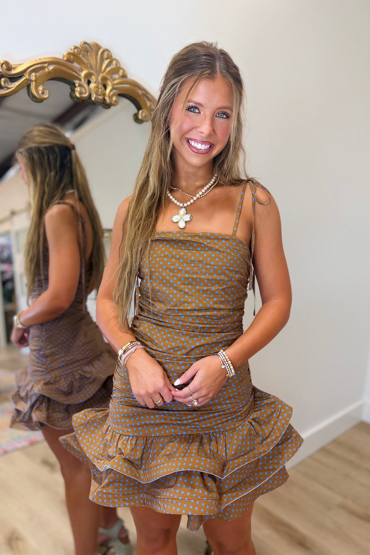 Micah Ruffled Polka Dot Dress Brown