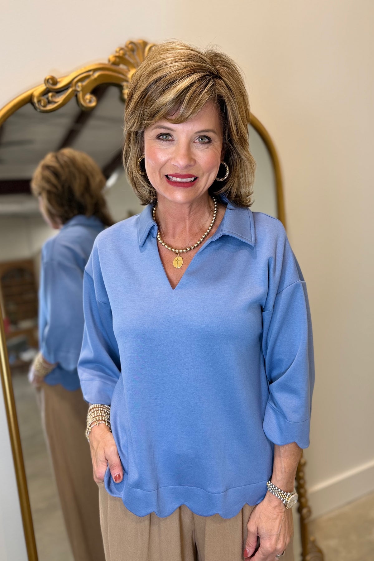Scalloped Edge Top Denim Blue