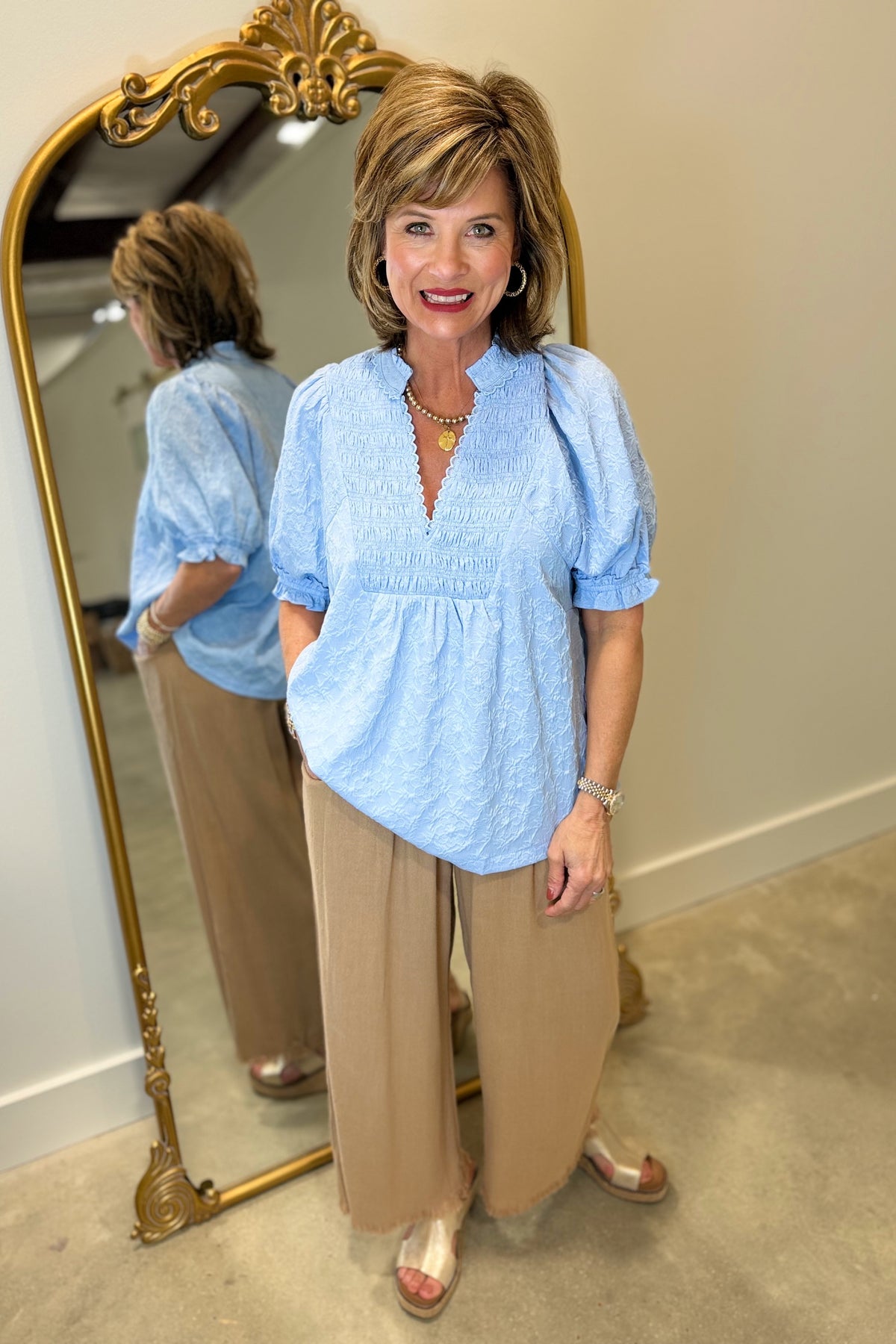 Umgee Smocked Bodice Blouse Blue