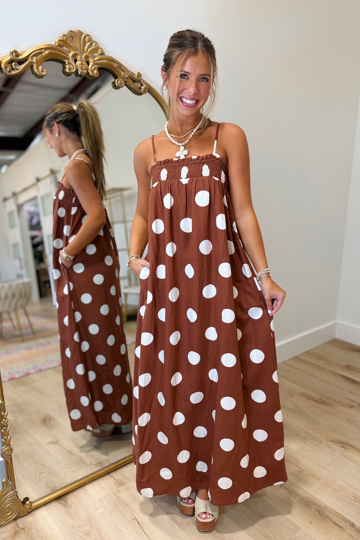Stunning Dots Maxi Dress Brown