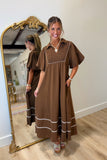 Simple Southern Social Puff Sleeve Midi Dress Brown