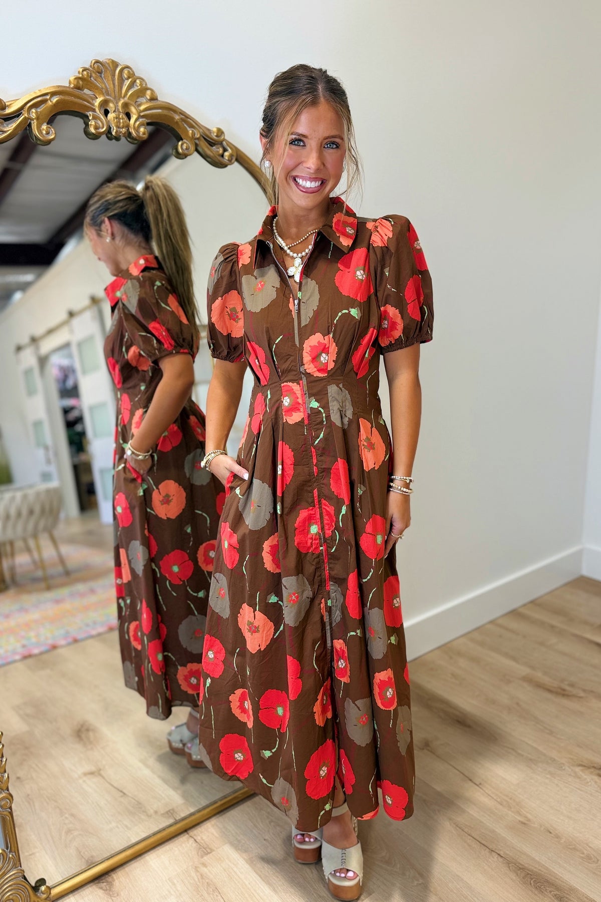 Stella Firey Florals Midi Dress Brown