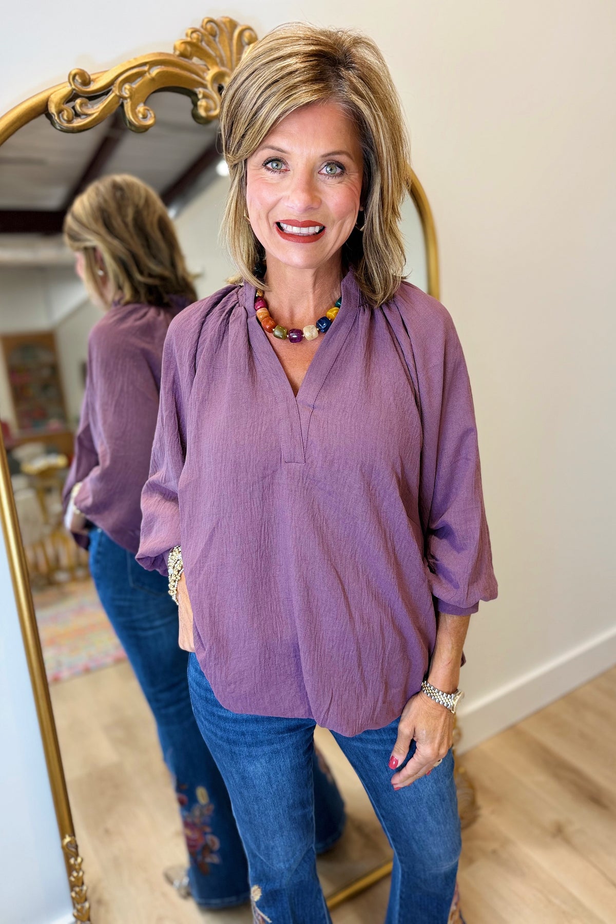 Umgee Bubble Sleeve V Neck Top Plum