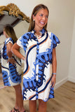 THML Short Sleeve Abstract Button Up Dress Blue