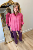 Umgee Lace Trim Button Down Top Berry