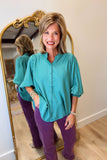 Umgee Lace Trim Button Down Top Mint
