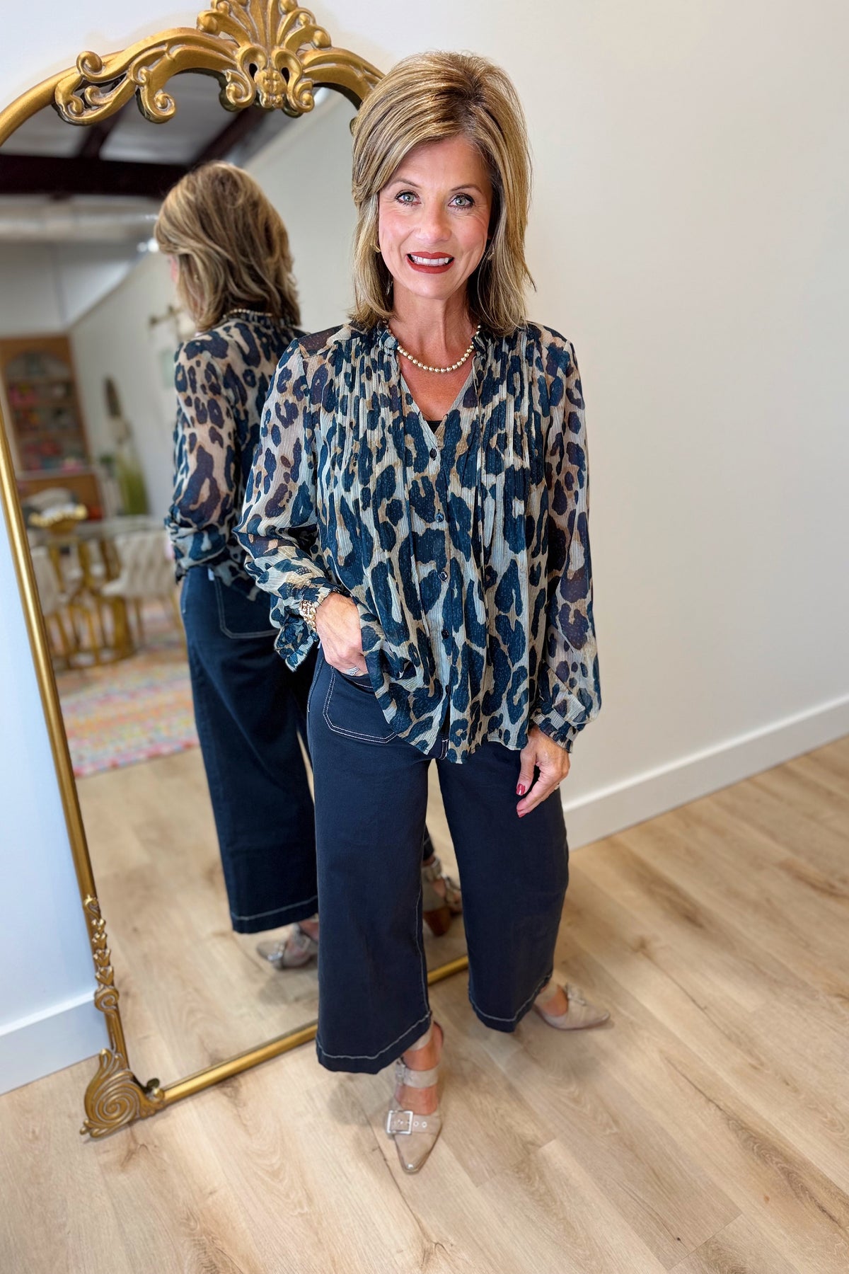 Renuar Layered Leopard Blouse Storm