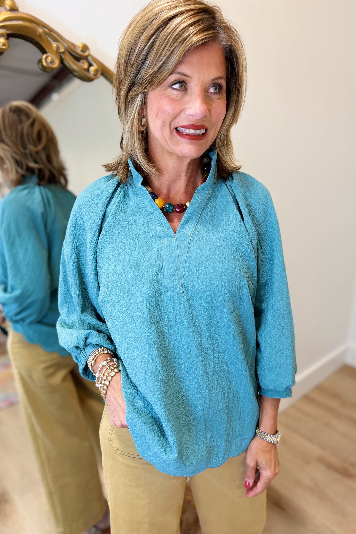 Umgee Textured Scalloped Top Teal