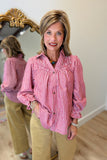 Umgee Striped Smocked Button Down Top Red