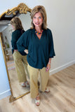 Umgee Bubble Sleeve V Neck Top Forest