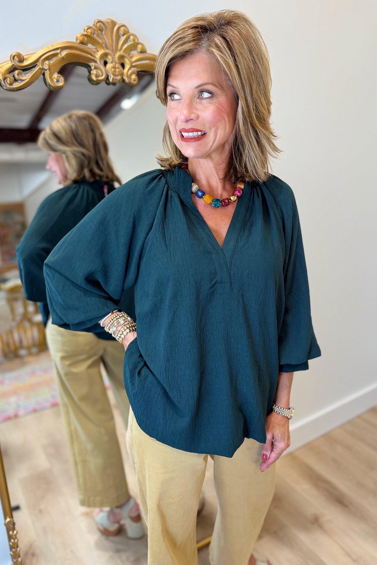 Umgee Bubble Sleeve V Neck Top Forest