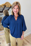 Umgee Bubble Sleeve V Neck Top Navy