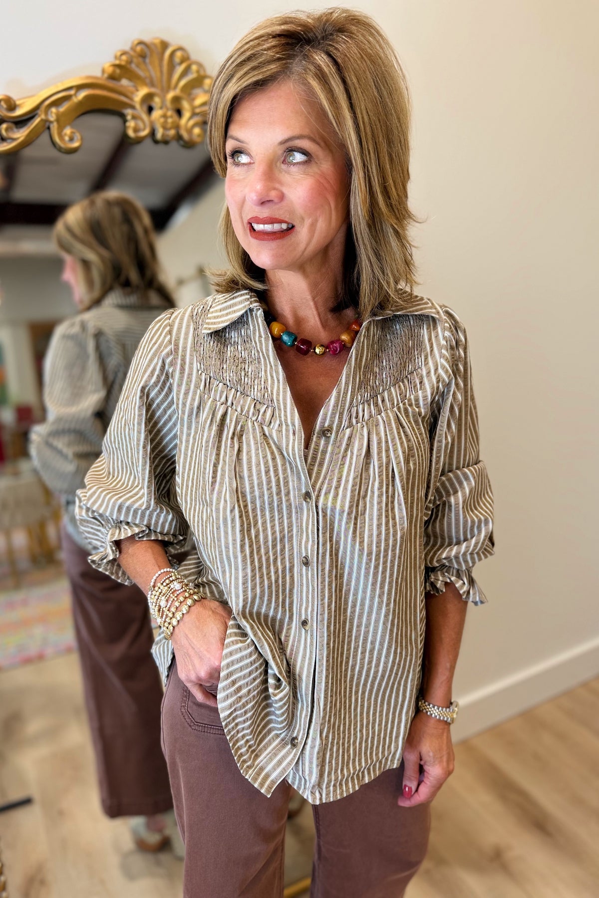 Umgee Striped Smocked Button Down Top Mocha