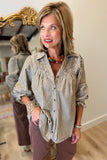 Umgee Striped Smocked Button Down Top Mocha