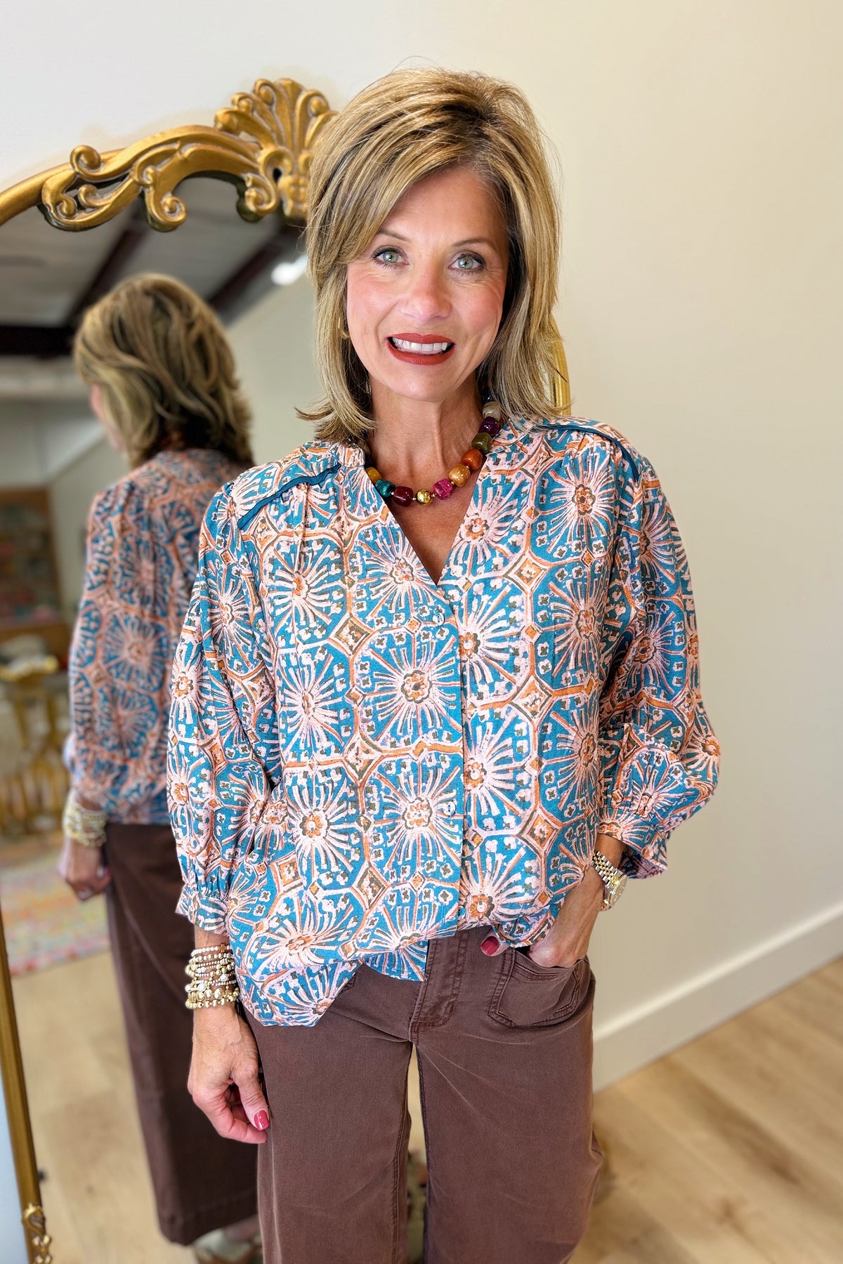 Umgee Abstract Print Top Teal