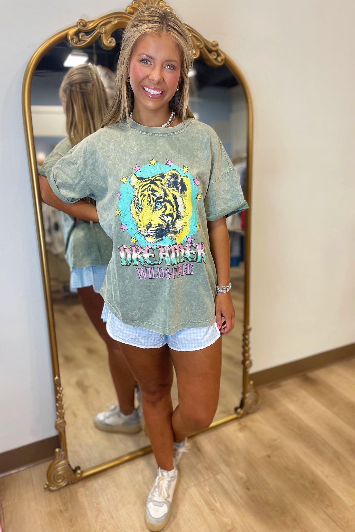 Dreamer Wild & Free Tiger Vintage Graphic Top Green