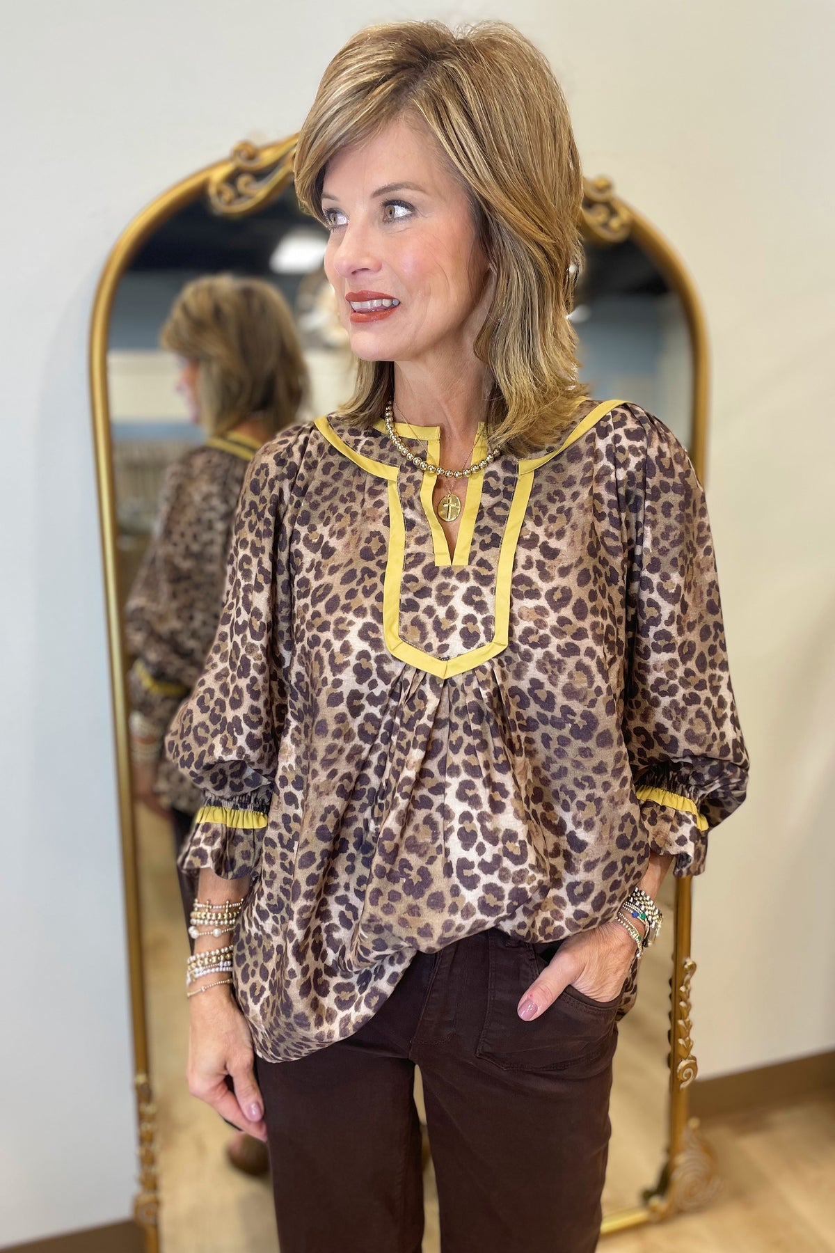 Umgee Gold Trimmed Leopard Blouse Grey