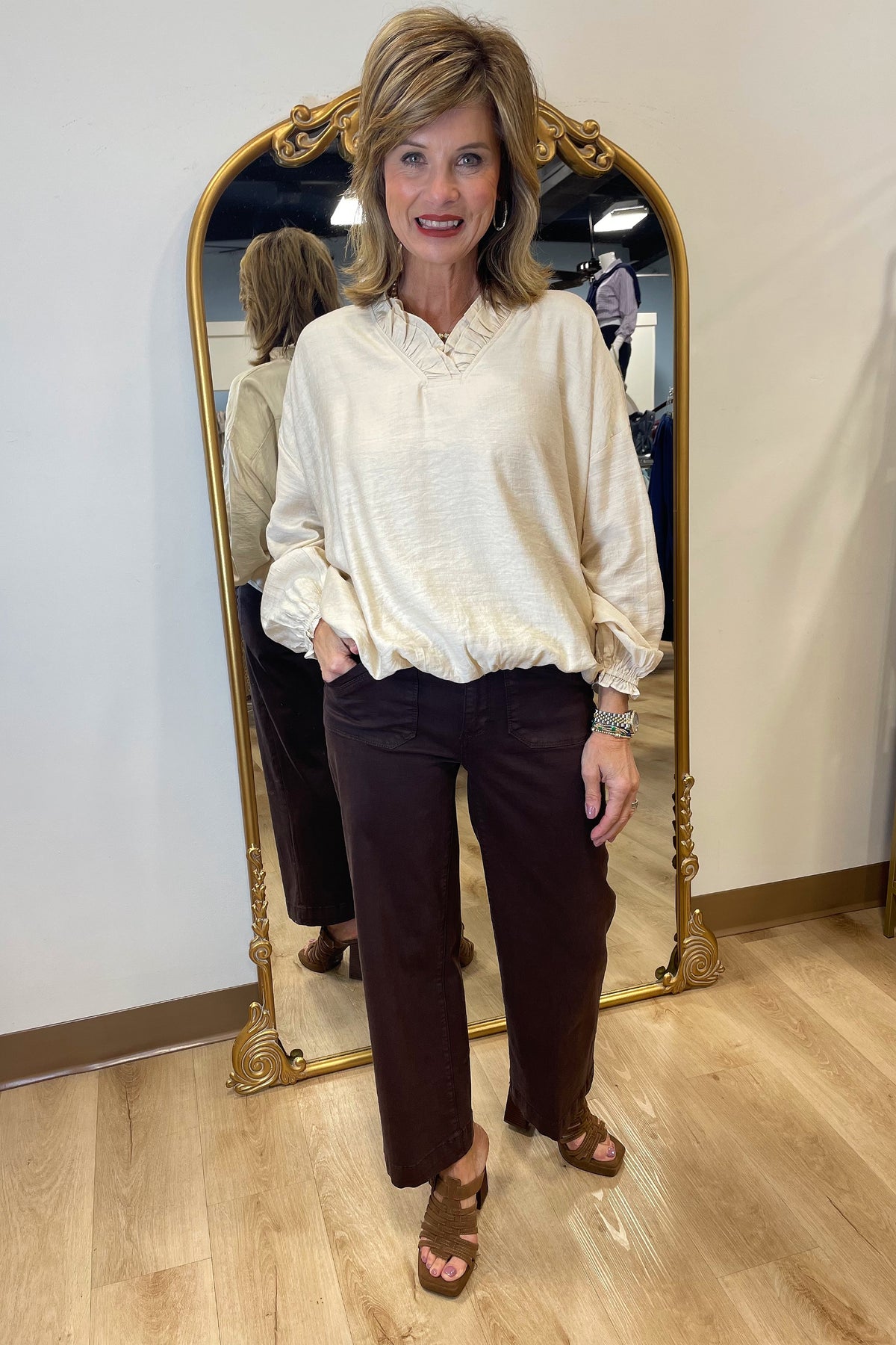 Umgee Ruffle Neck Blouse Oatmeal