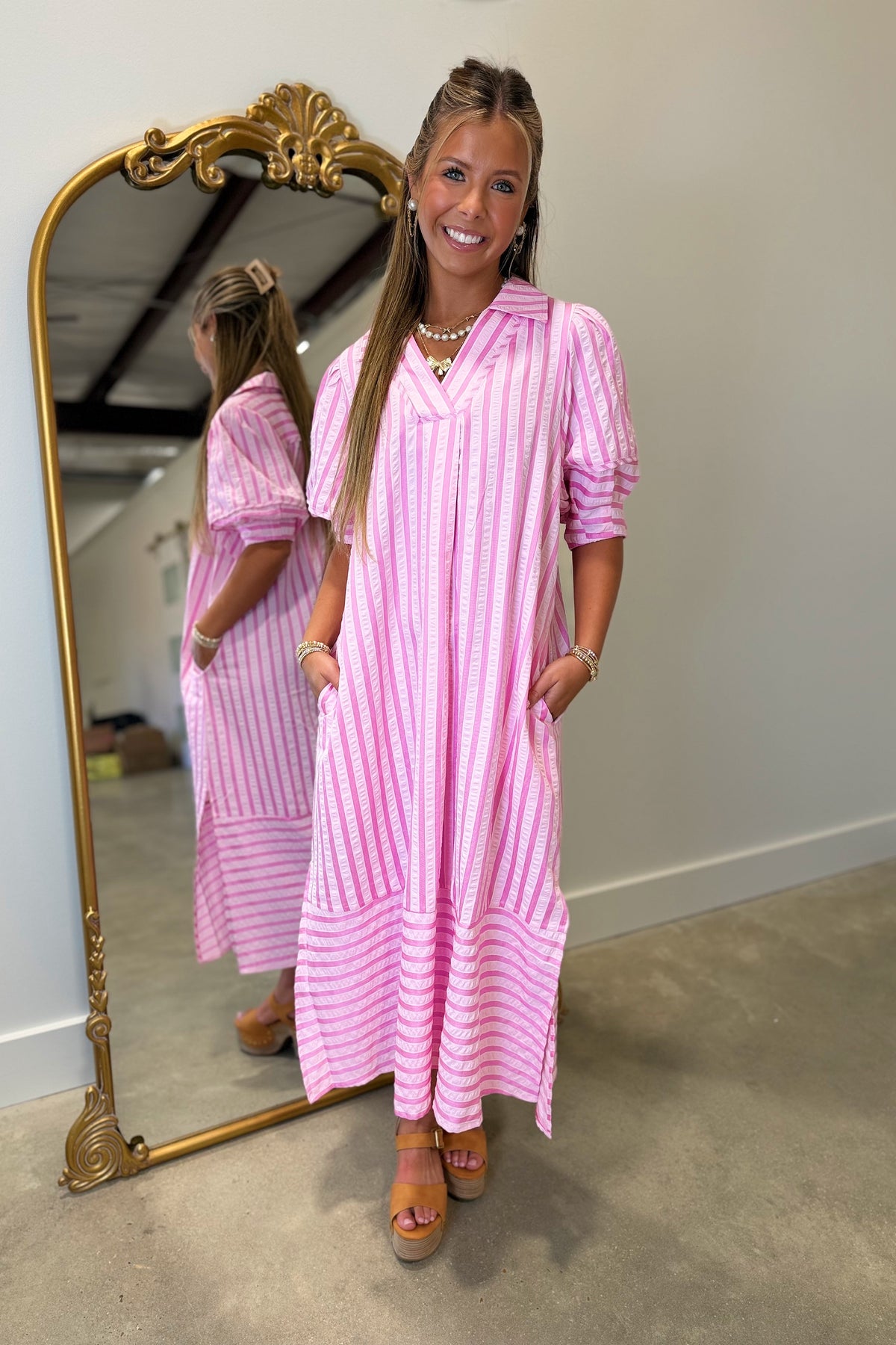 umgee hot pink dress Open Shoulder Ruffle Sleeve Dresses