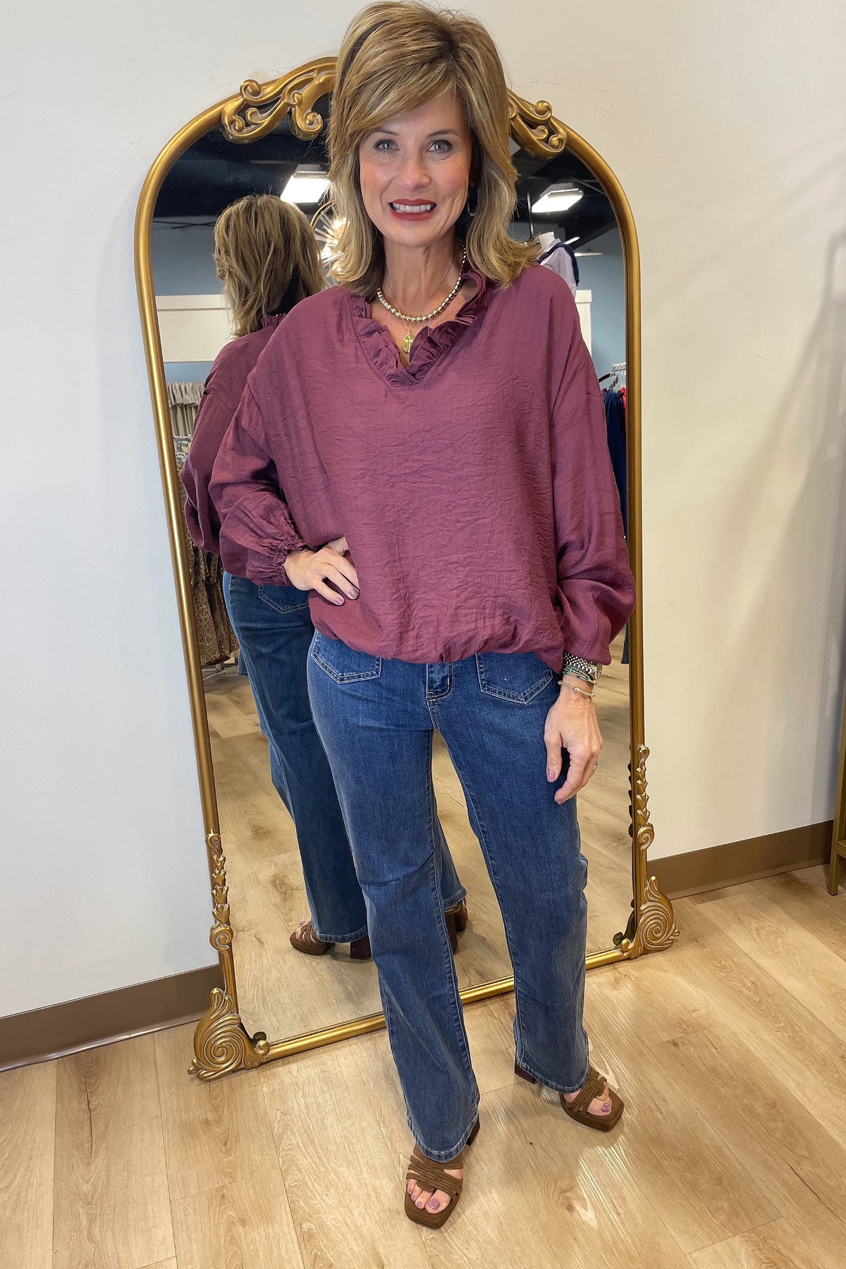 Umgee Ruffle Neck Blouse Merlot