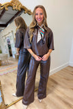 Elan Faux Leather High Waist Flare Pants Brown