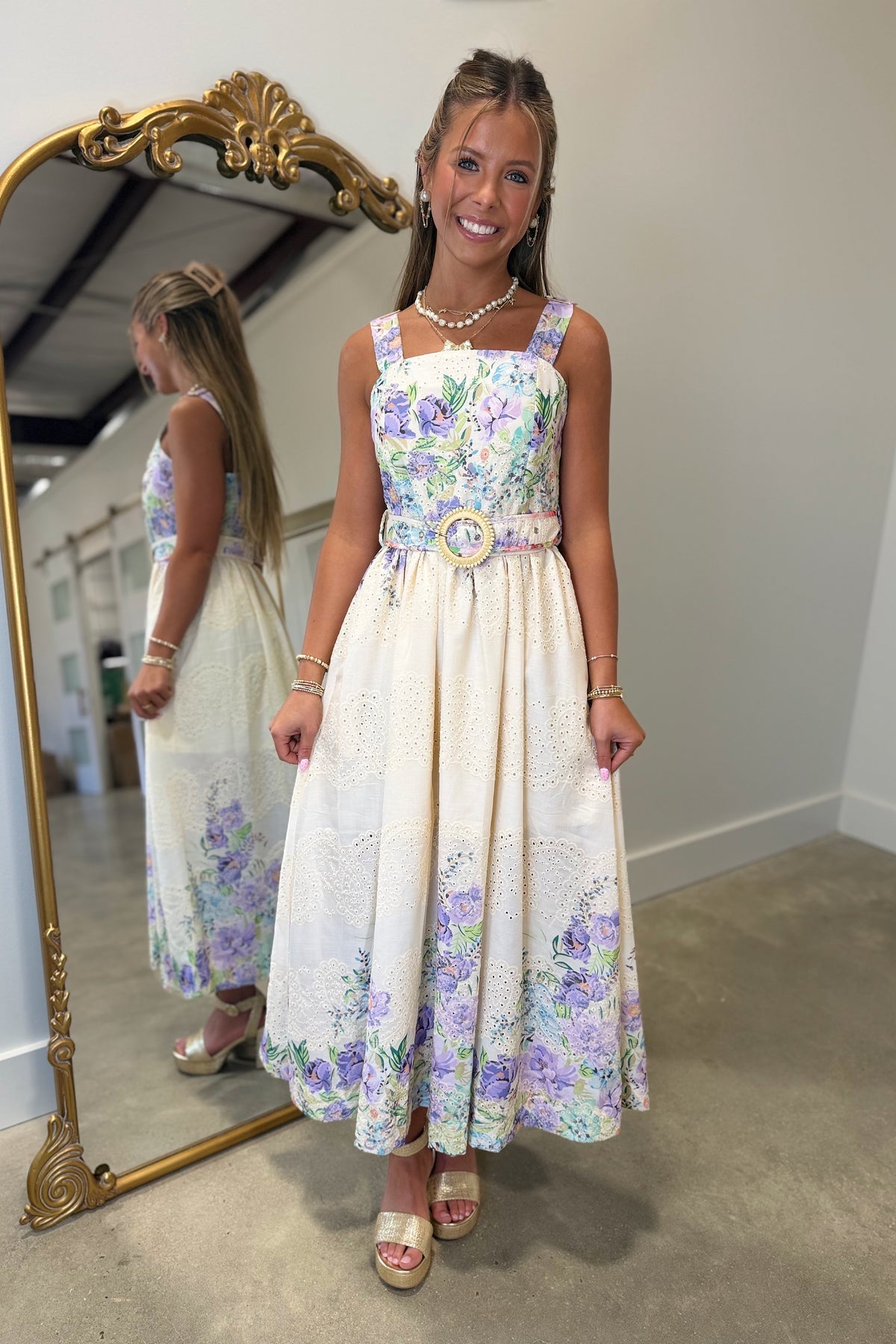 Lavender and Lace Belted Midi Dress