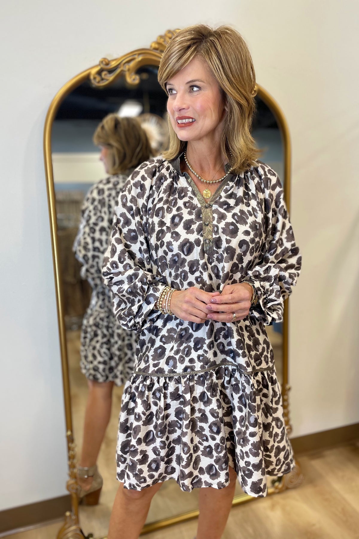 Umgee Leopard Boho Dress Grey