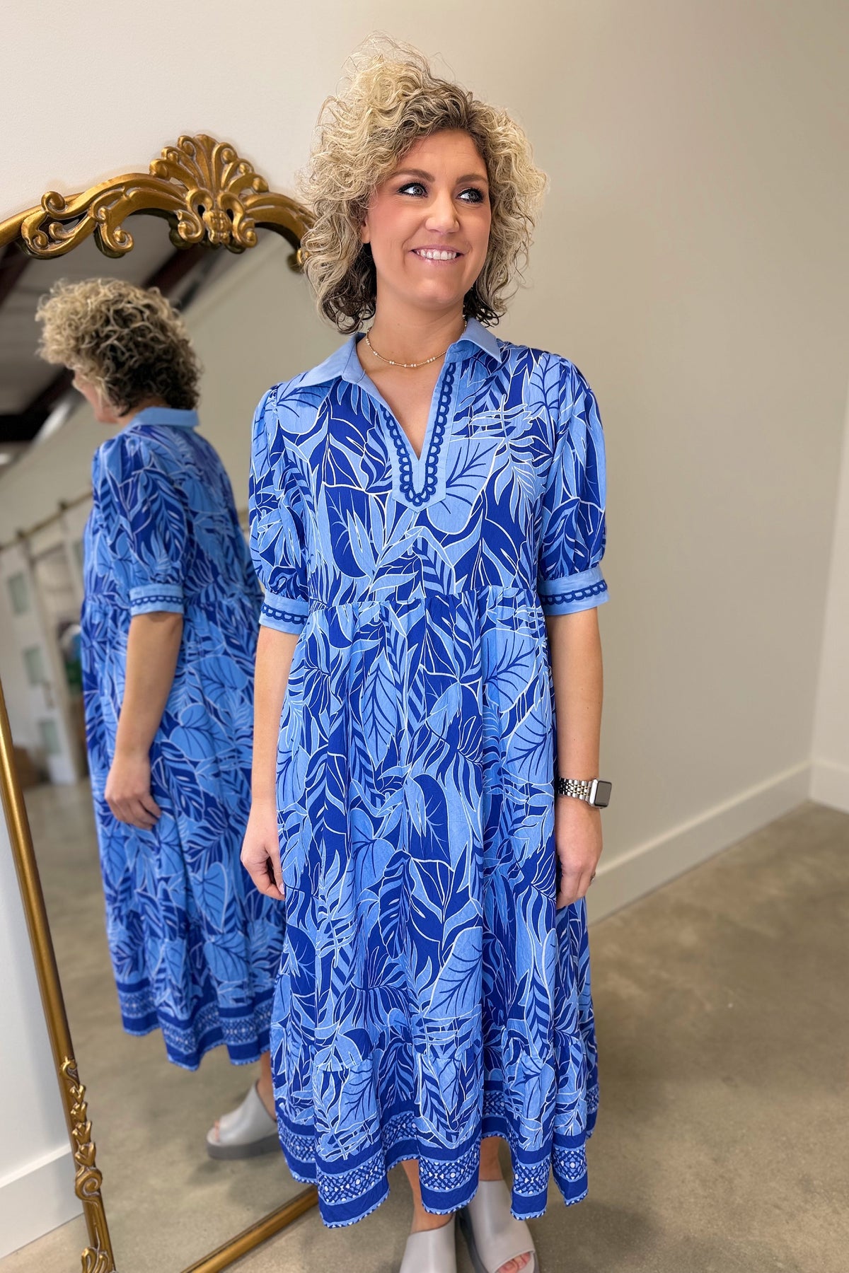 Umgee Leafy Border Midi Dress Blue