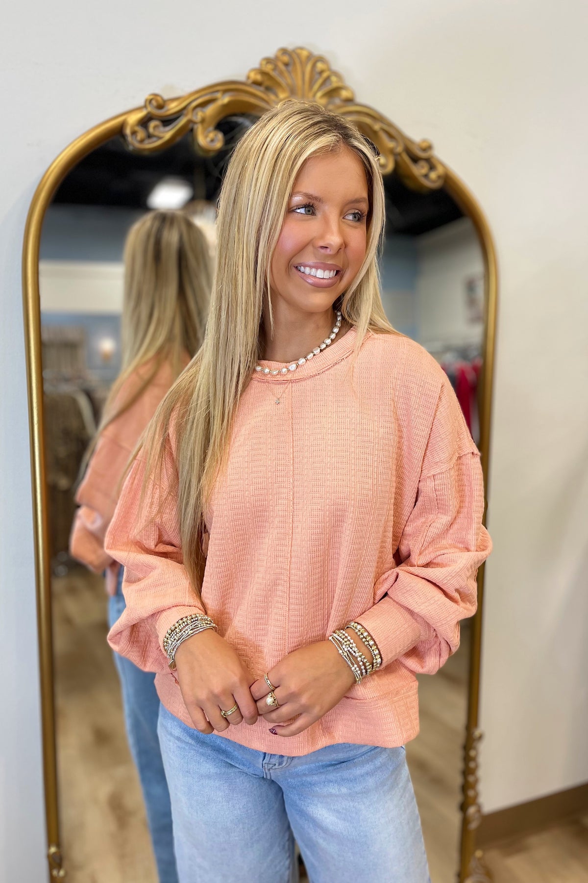 Rowan Raw Edge Textured Top Peach