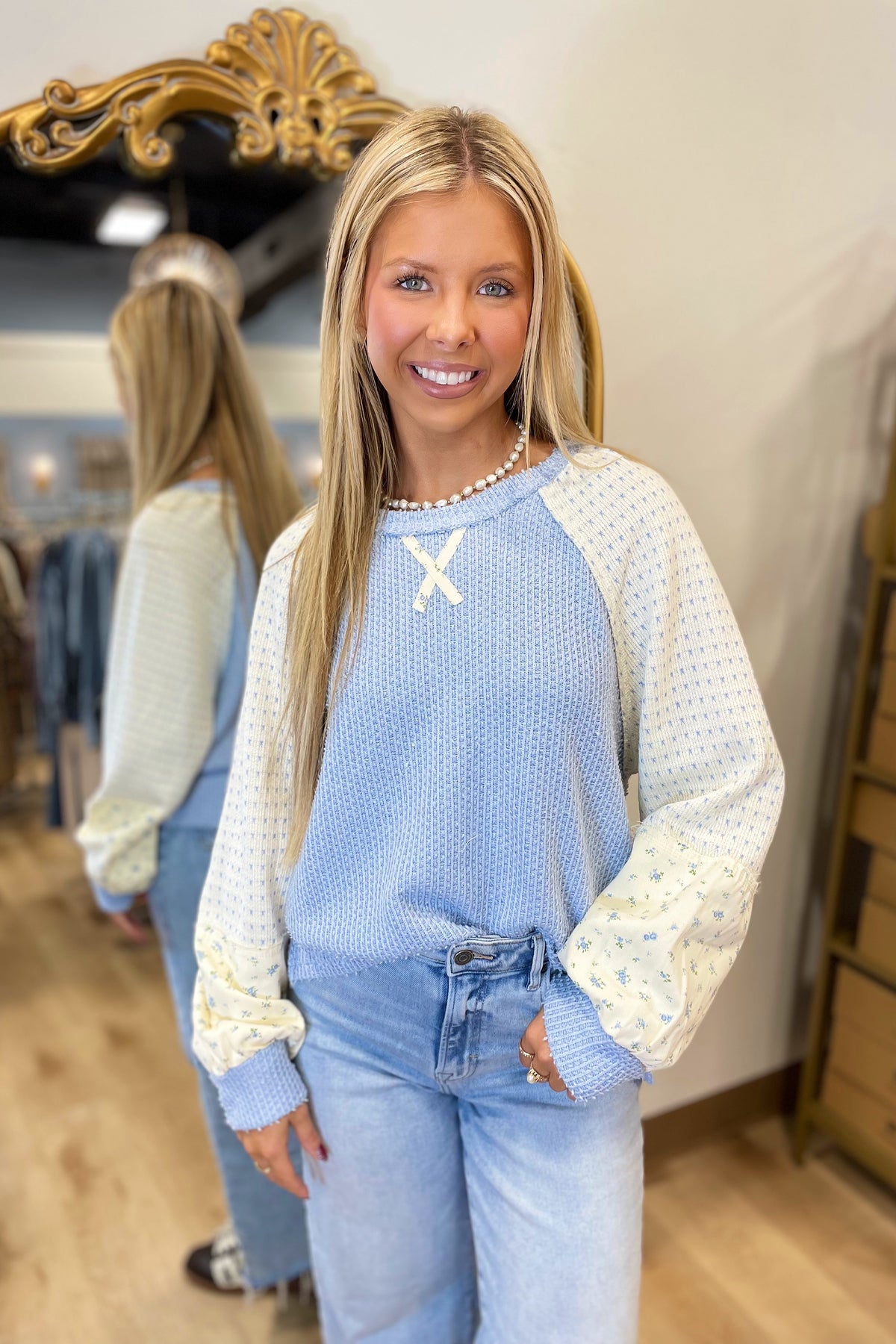 Simple Floral Textured Top Blue