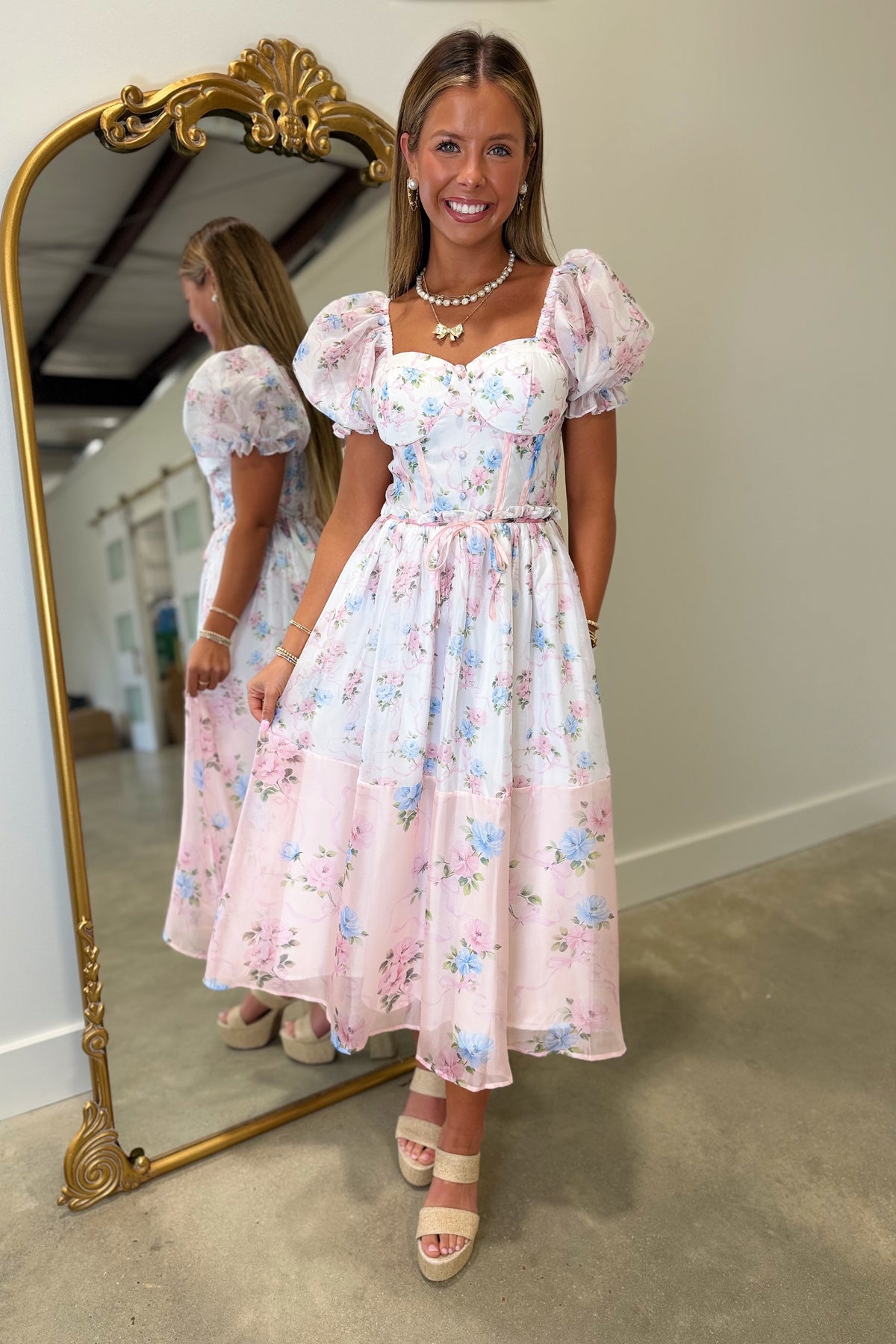Ribboned Rosebud Midi Dress Pink