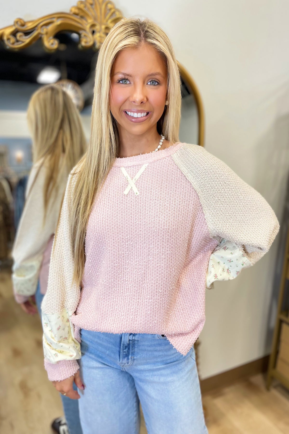 Simple Floral Textured Top Pink