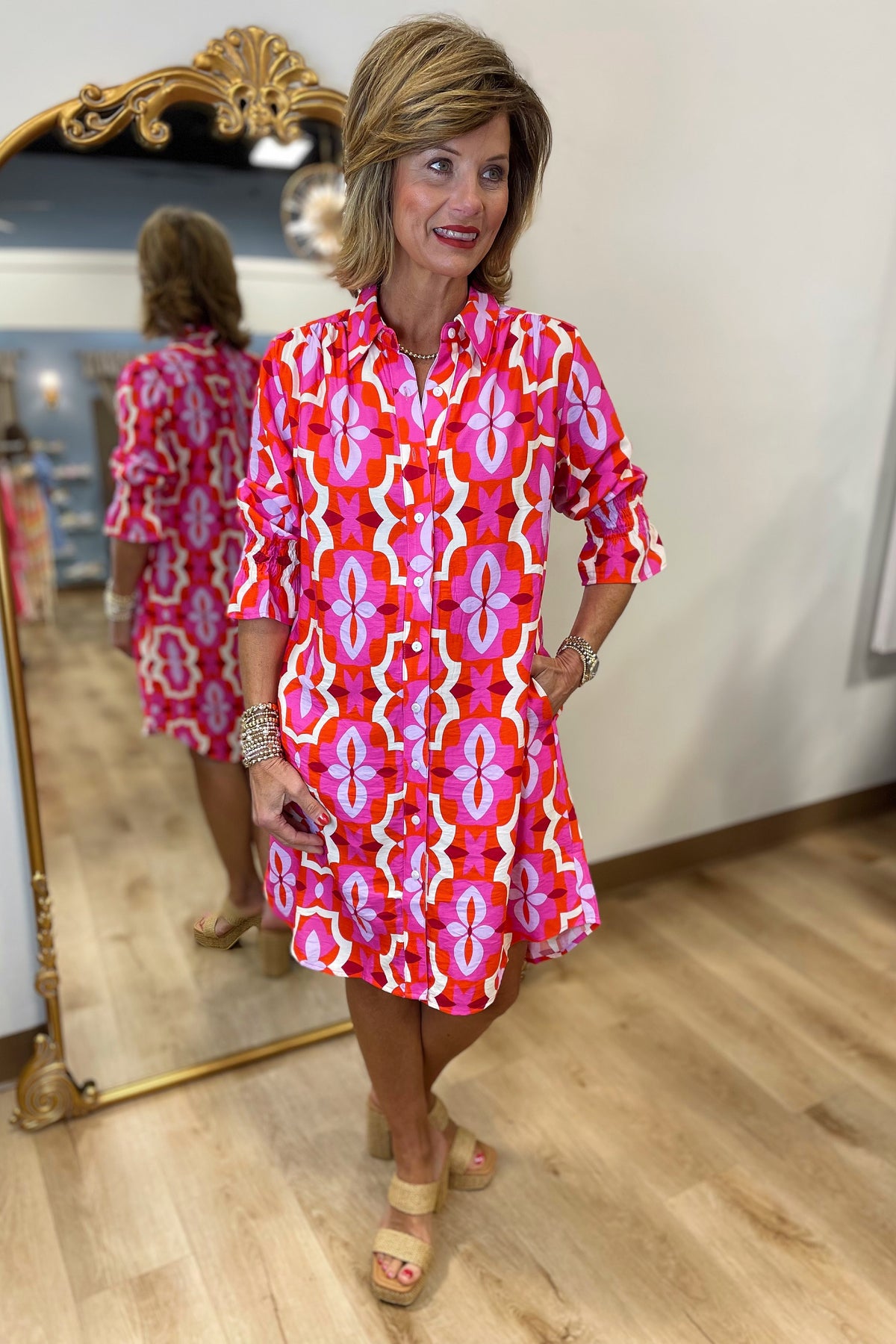 Boho Chic Shirt Dress Printed Pink