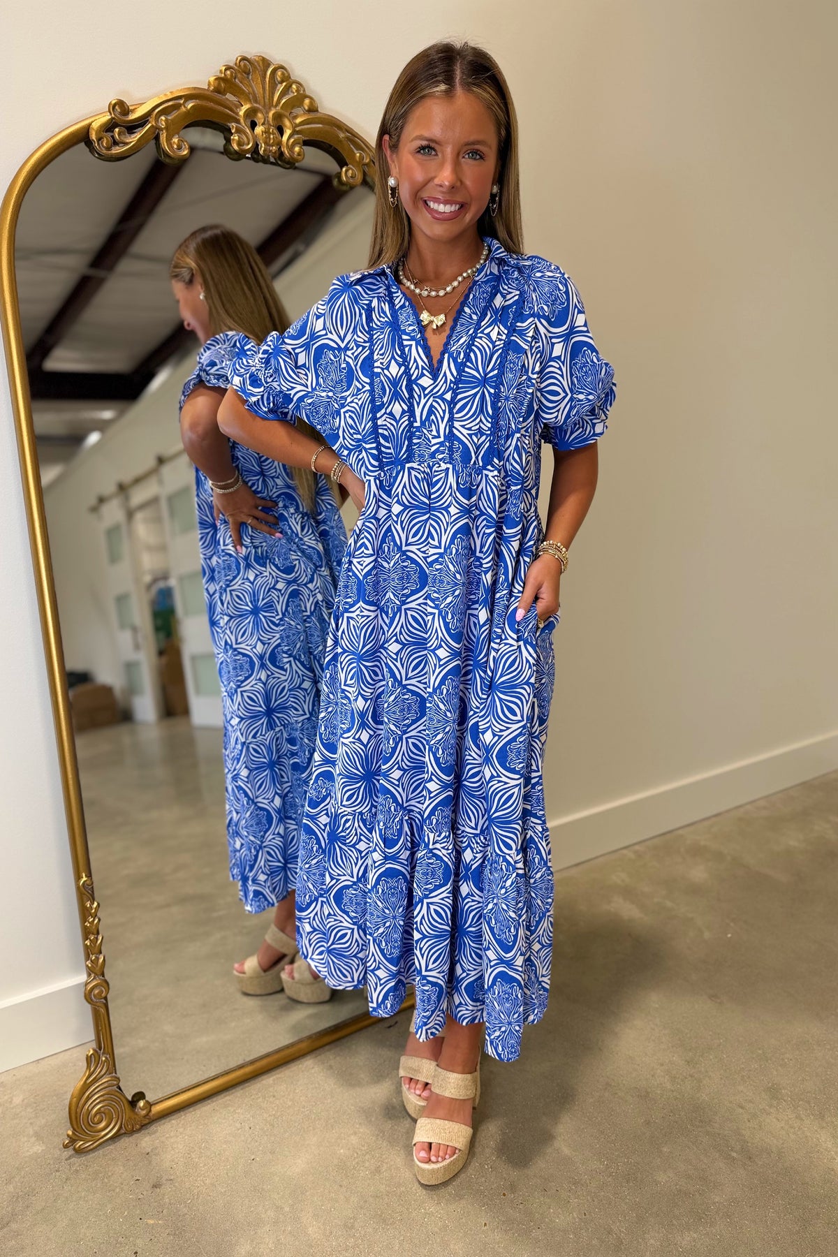 Umgee Abstract Print Tiered Dress Royal