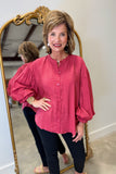 Wine Berry Blouse w Puff Sleeves