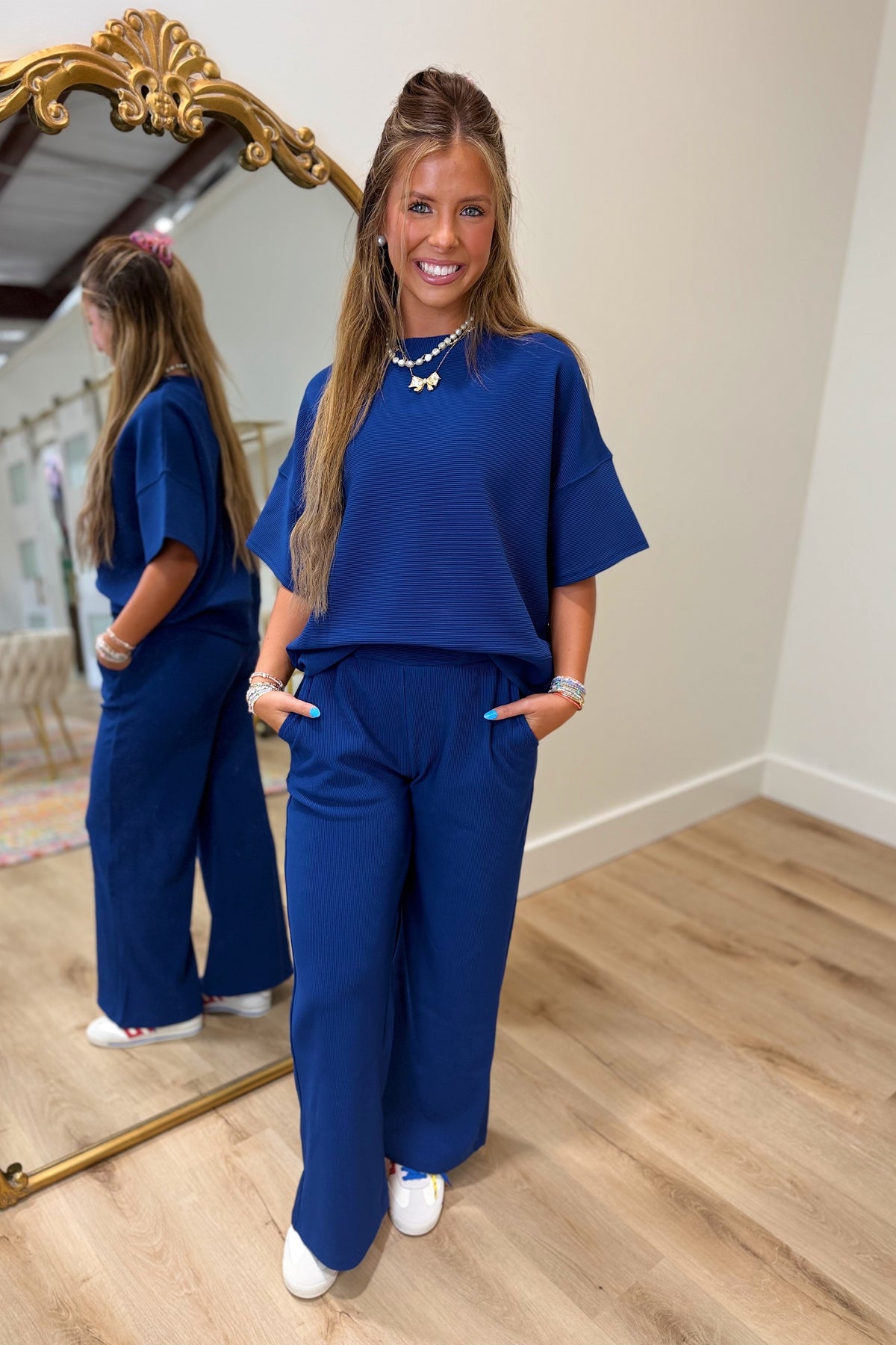 Settle In Ribbed Pant Set Navy