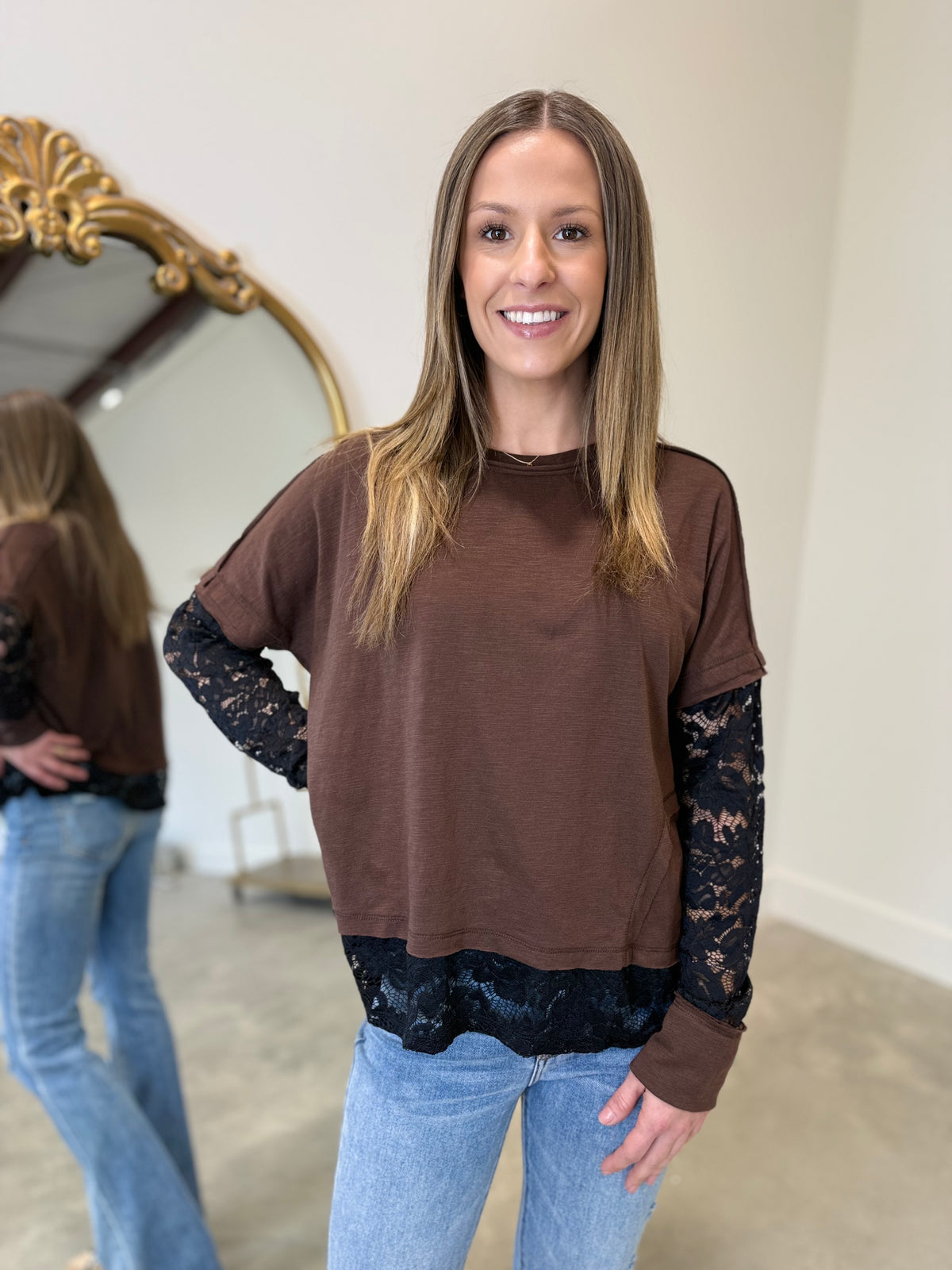 Brown Tee w Black Lace Top
