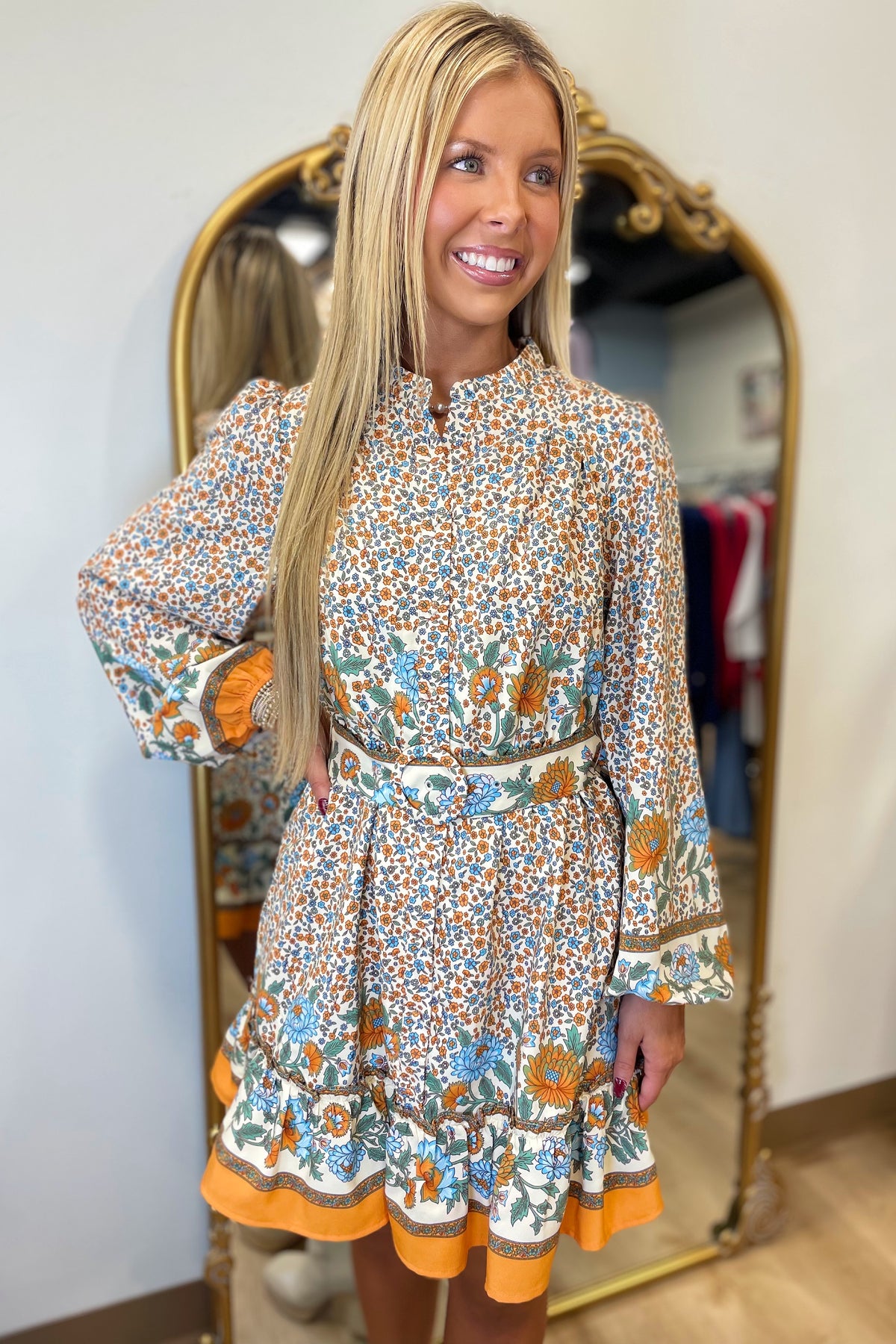 Golden Harvest Floral Belted Dress Orange