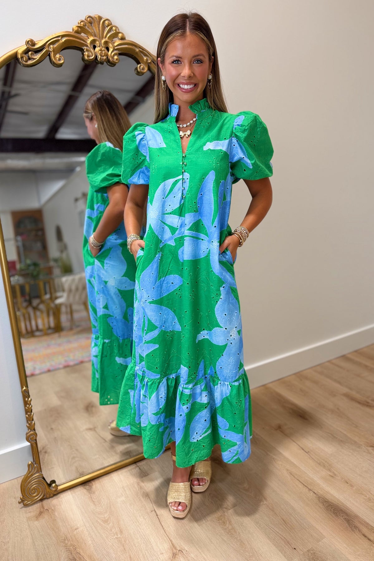 May in Bloom Eyelet Midi Dress Green