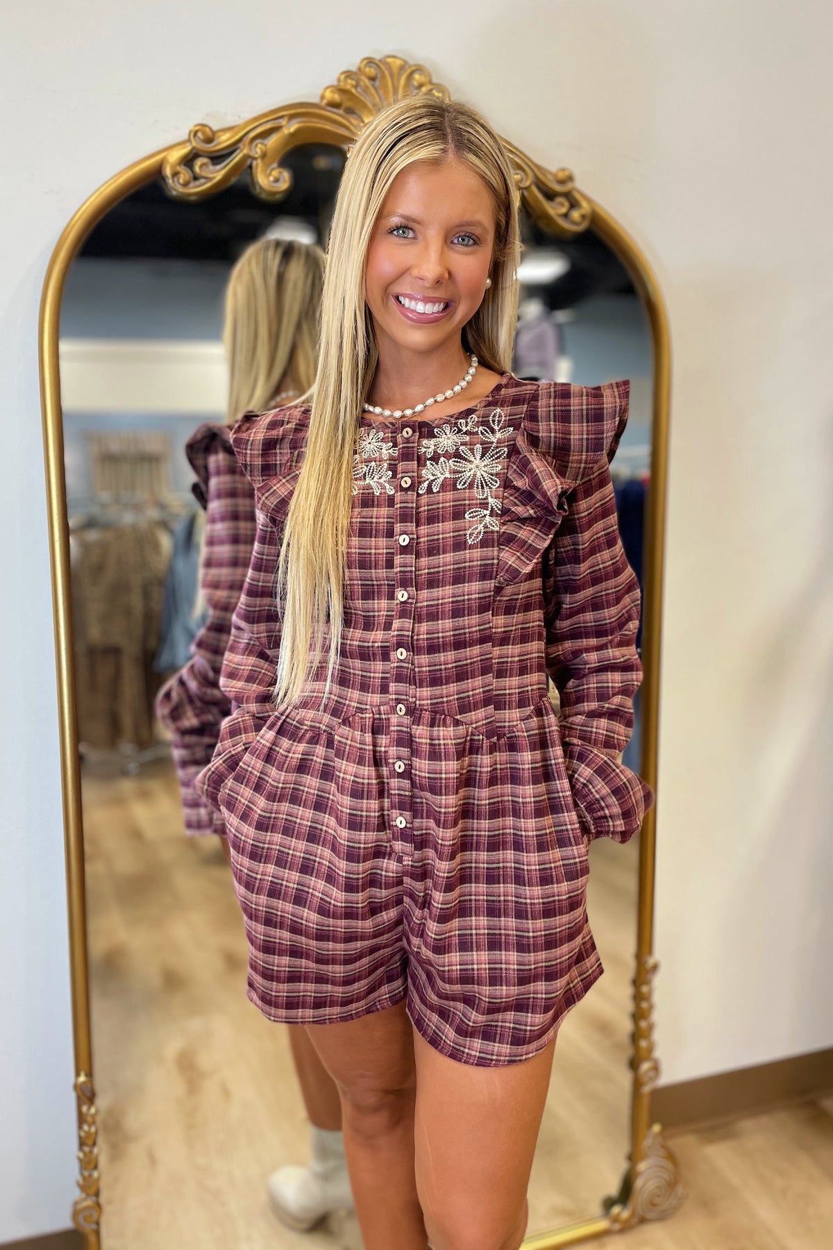 Petal Plaid Romper Rose