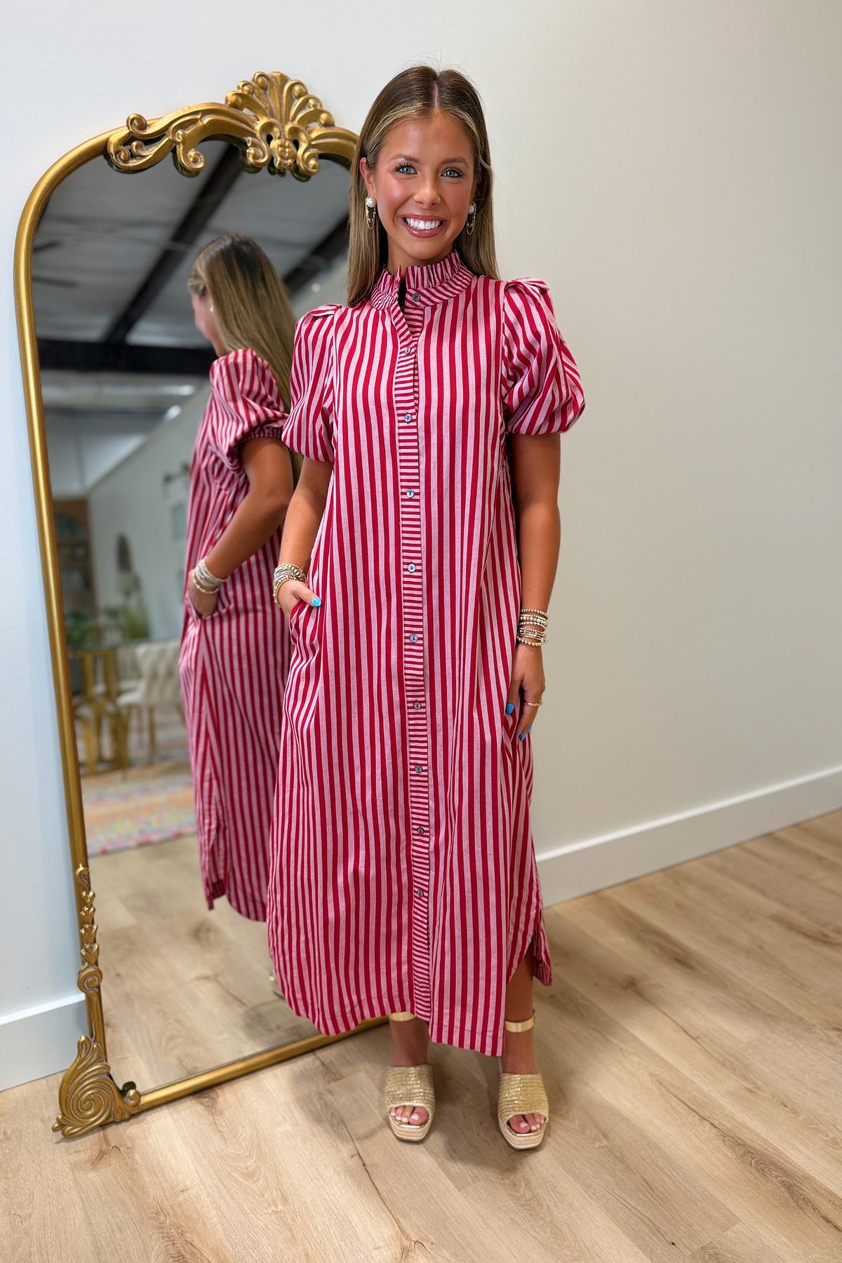 Mono Stripes Midi Dress Red
