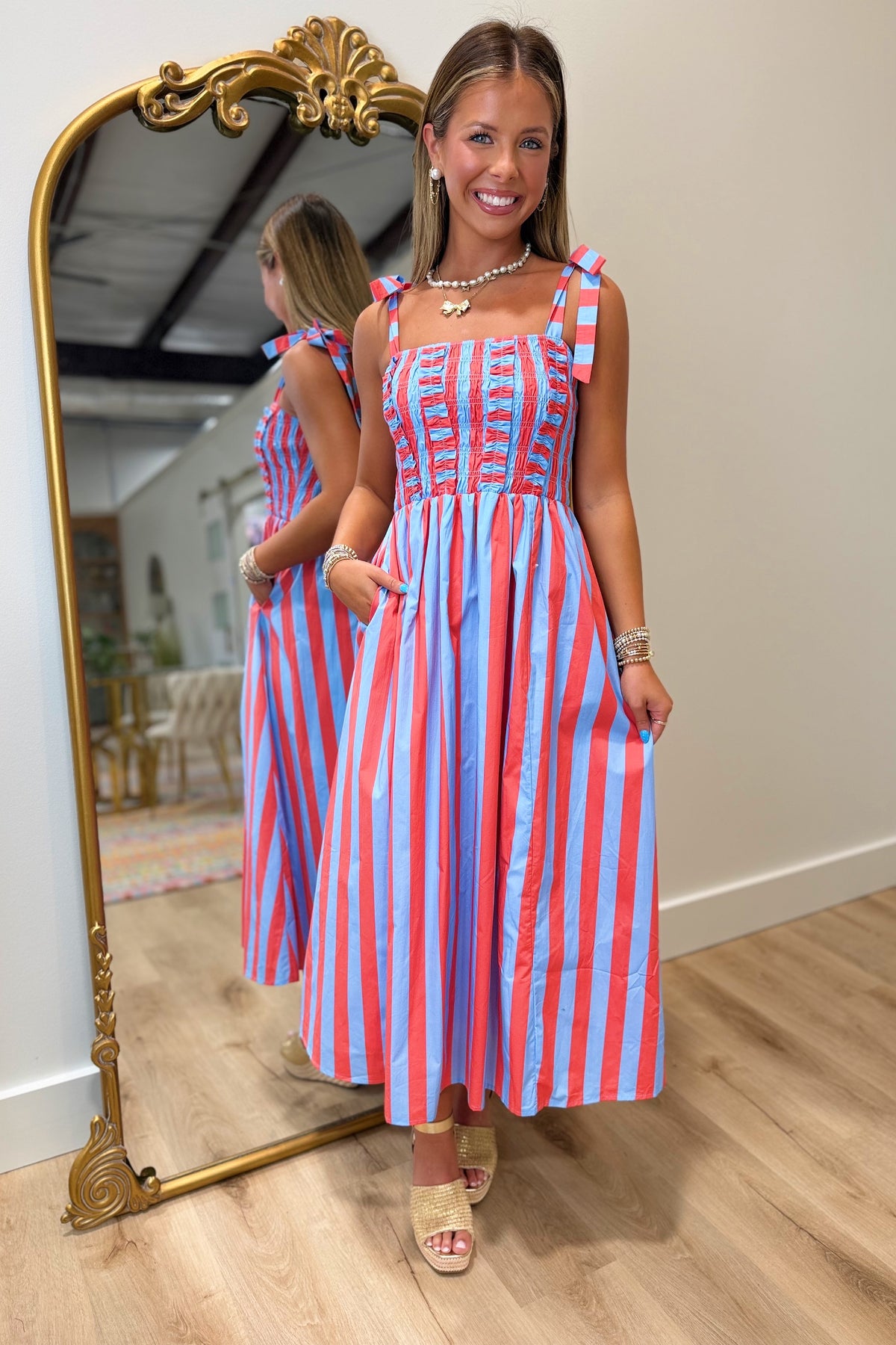 Stripe Theory Smocked Midi Dress Red Blue