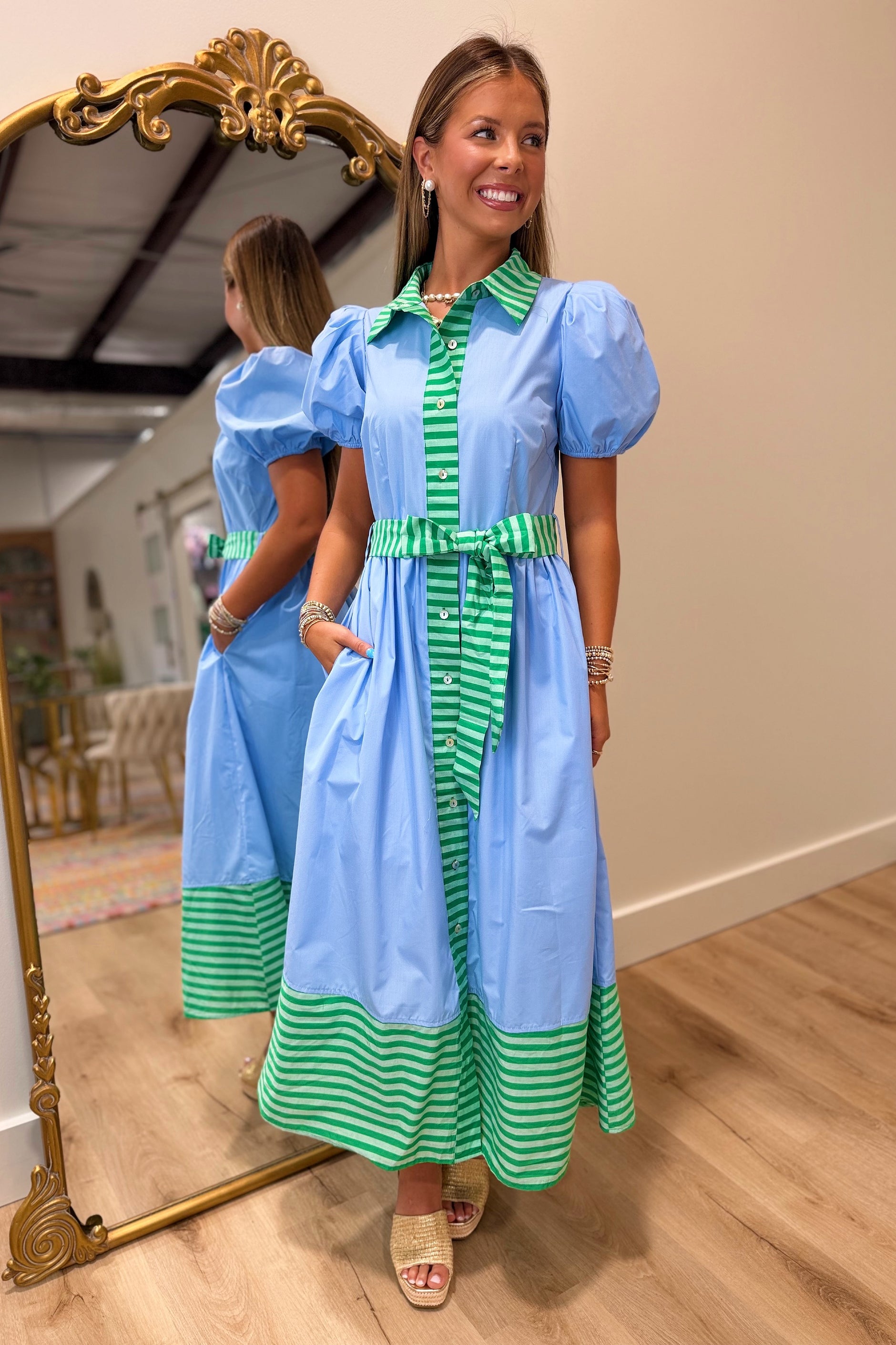 Touches of Stripes Puff Sleeve Midi Dress Blue – Expectations Too