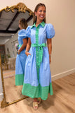 Touches of Stripes Puff Sleeve Midi Dress Blue