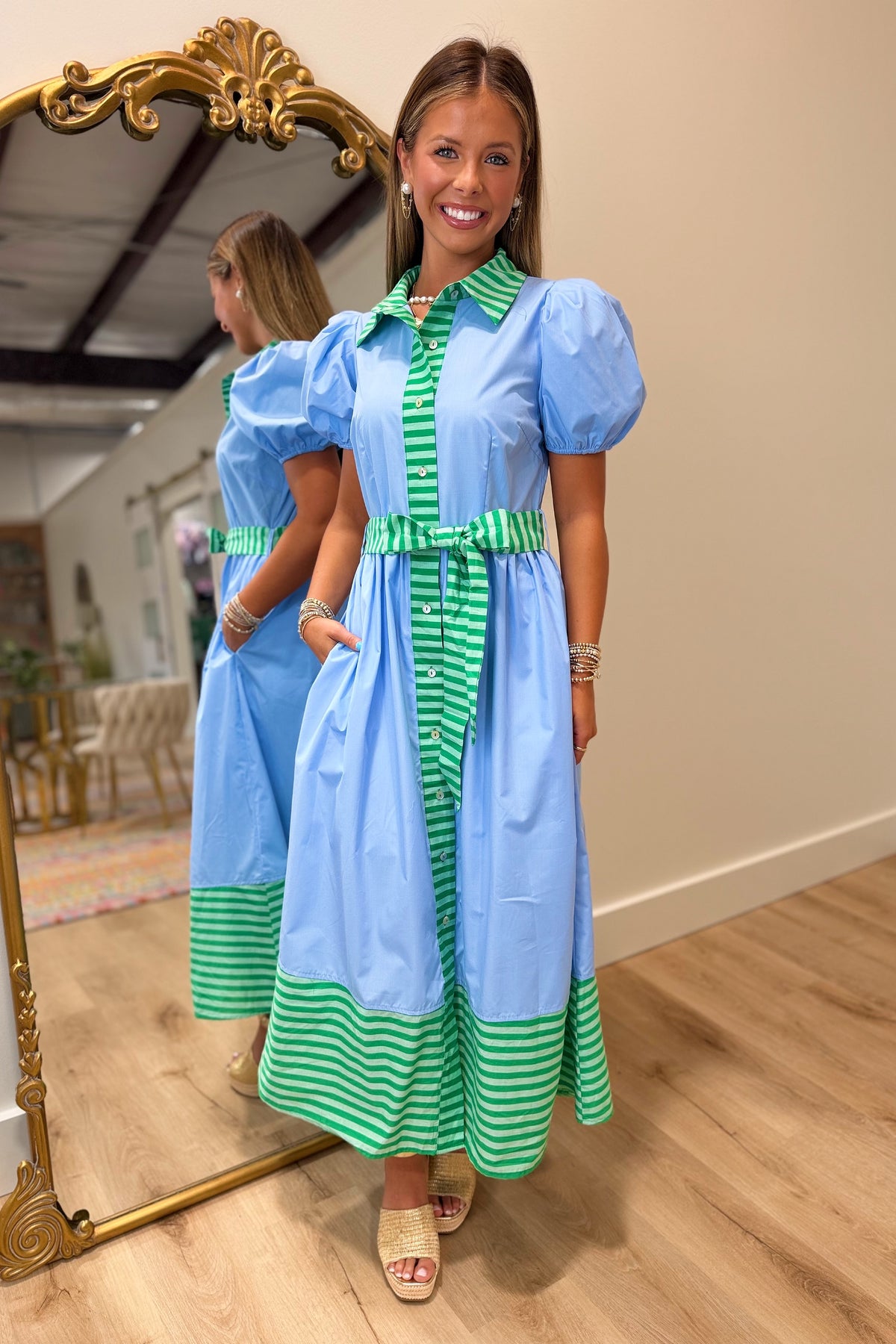 Touches of Stripes Puff Sleeve Midi Dress Blue