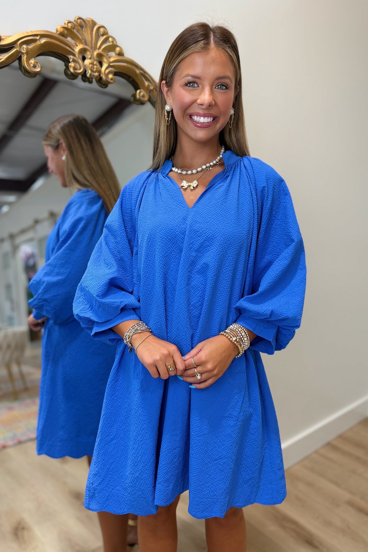 Umgee Texture Overload Puff Sleeve Dress Blue