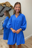 Umgee Texture Overload Puff Sleeve Dress Blue