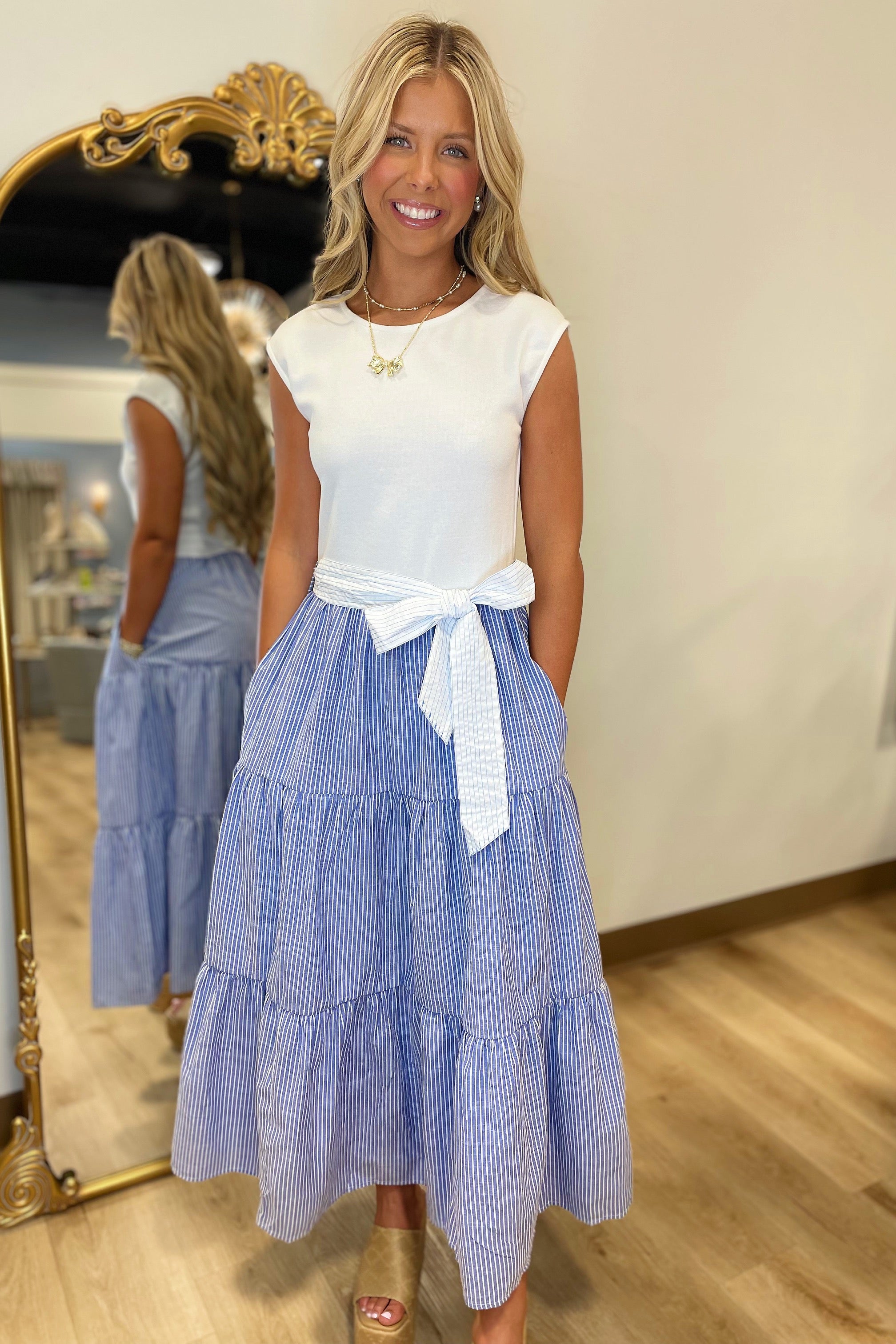 European Summer Combo Striped Dress Blue